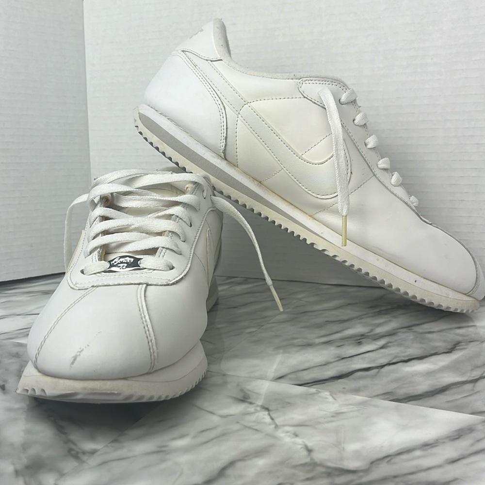 Nike Cortez 23 women’s leather sneaker shoe white on white.